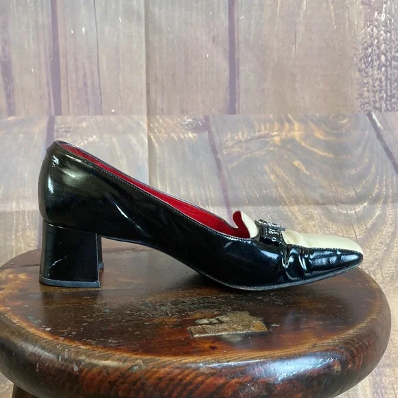🐞Moschino Black and White Patent Leather Square Toe Pump Size 7 - Picture 4 of 11